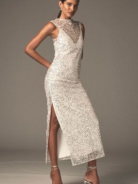 Shona Joy Ivory Sequin Sheer Yoke Midi Dress